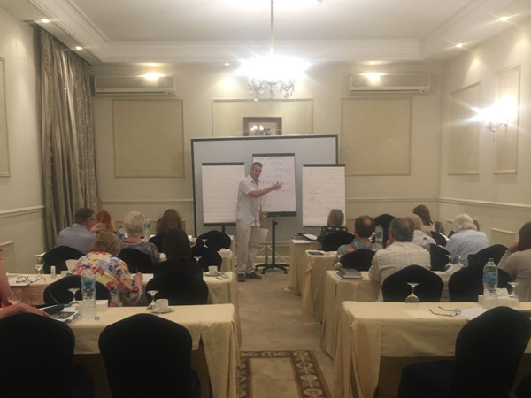 Bill Manley teaches BSS students hieroglyphs in our classroom - the Horus Room in the garden of Luxor's Winter Palace